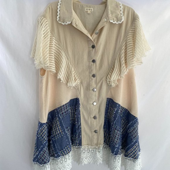 POL Bohemian Lacy White Blue Patchwork Dress Tunic Top NWOT Women's Size Large - Picture 4 of 15